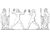 Greek boxing. Contestants wore the cestus on their hands - a leather band studded with nails. - cf 1Cor.9.26